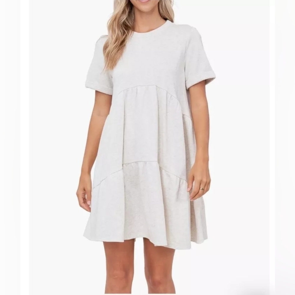 EN SAISON Tiered Short Sleeve Babydoll French Terry Mini Dress  Pockets Size M